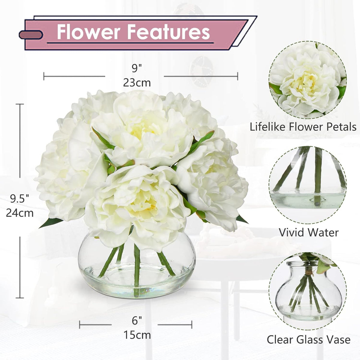 Hollyone Fake Flowers White Peonies Artificial Flowers Faux Flowers with Vase Peony Silk Flower