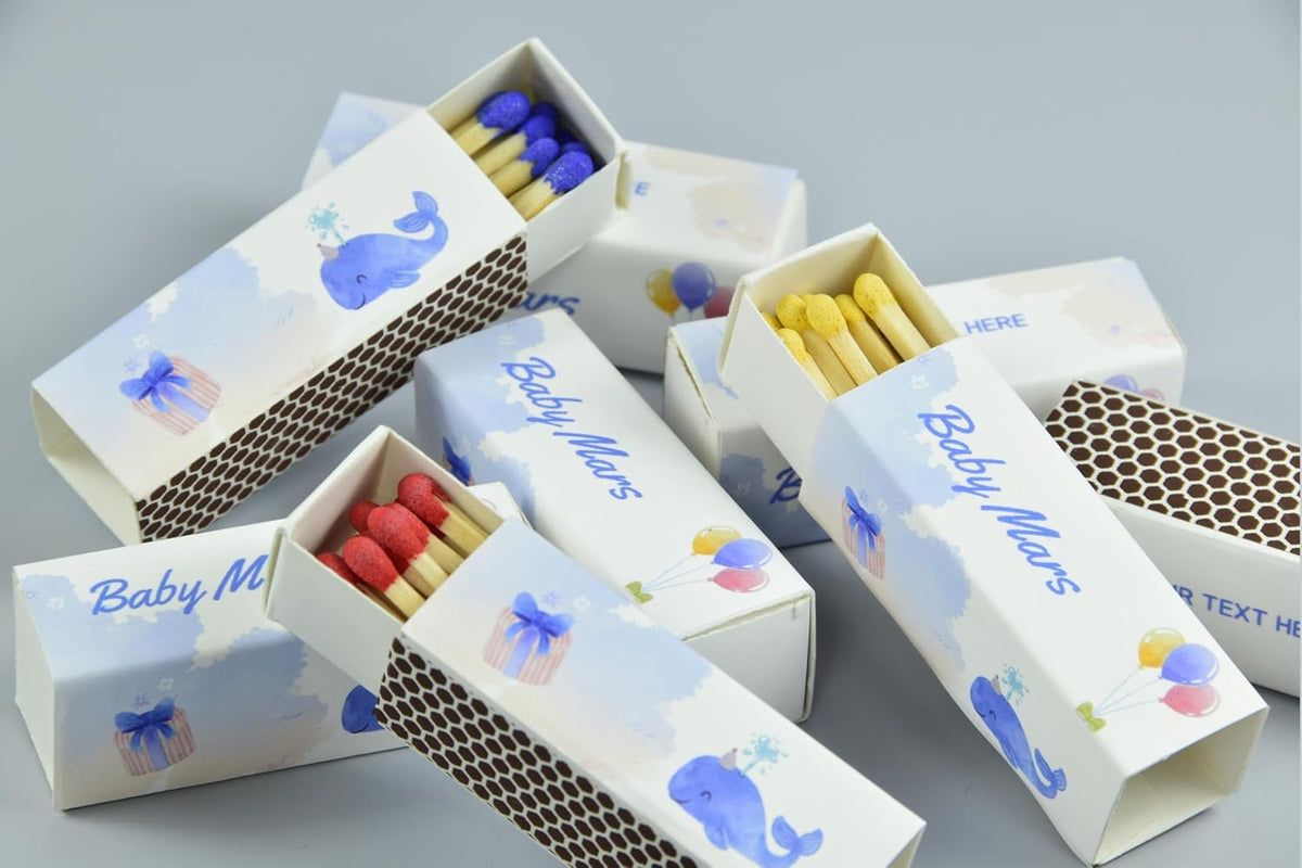 Customizable Baby Shower Matchboxes – Set of 10 – Cute Baby Design – Colorful Matchsticks – Perfect