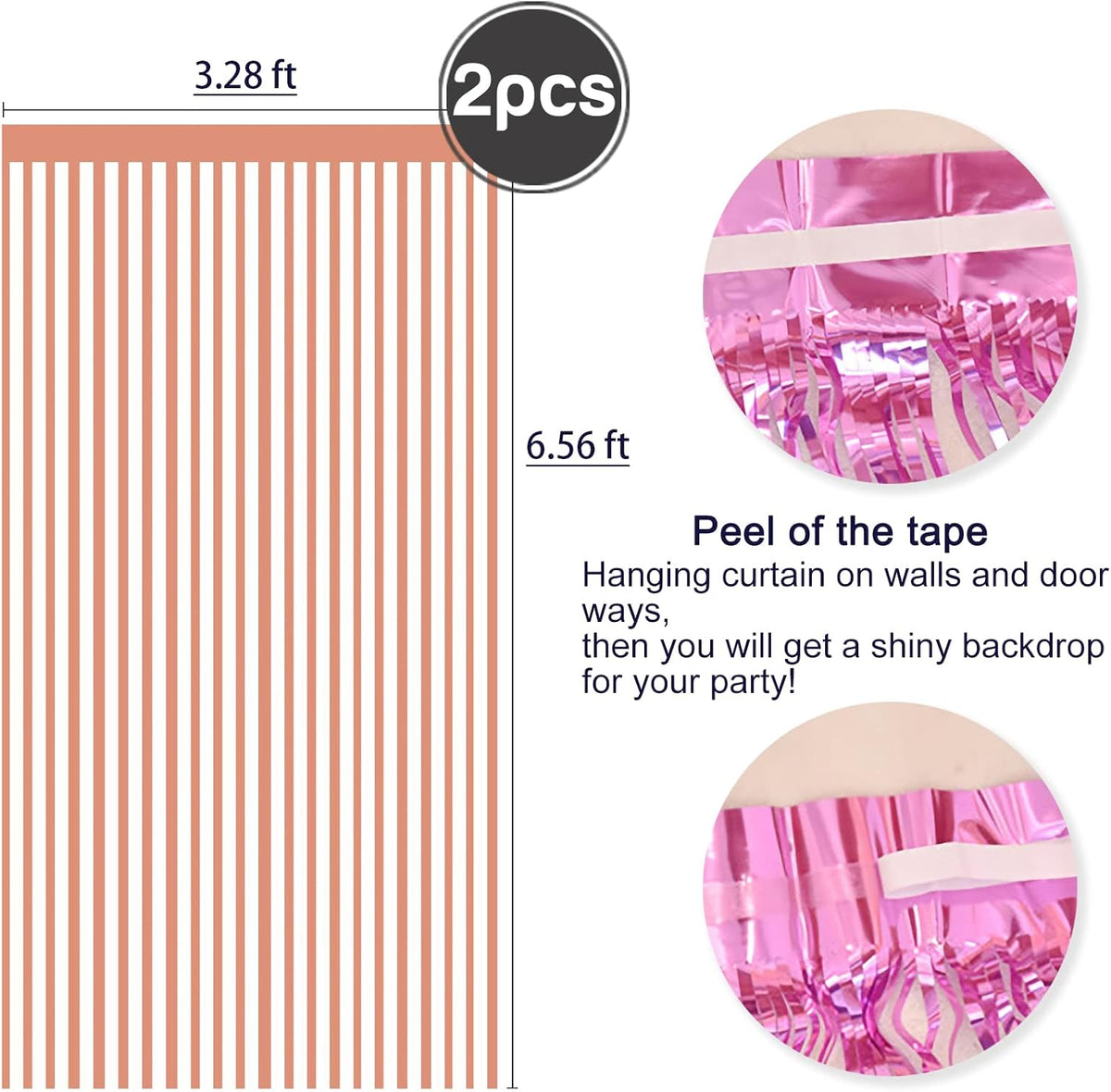 2 Pcs Rose Gold Metallic Tinsel Foil Fringe Curtains Backdrop, 3.28 ft x 6.56 ft Streamers for