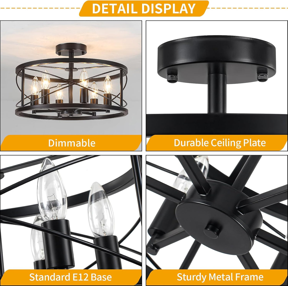 6-Light Black Semi Flush Mount Ceiling Light, 16.54'' Modern Farmhouse Close to Ceiling Light