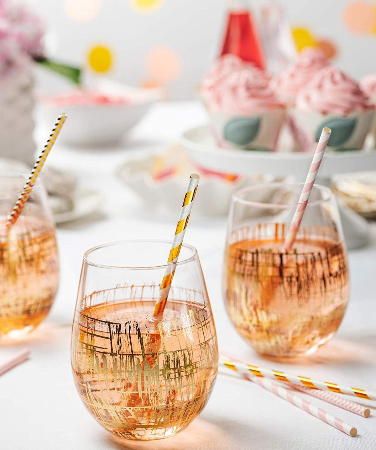 GUSTO [200 Pack] light Pink & Gold Paper Straws Disposable, 100% Biodegradable Multi-Pattern Party