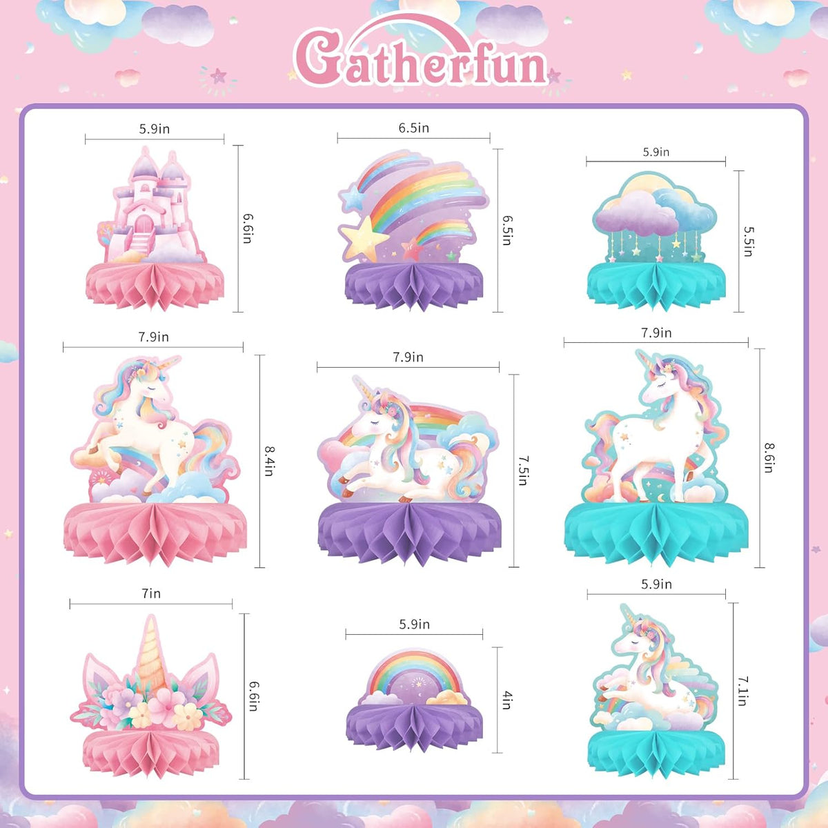 Unicorn Birthday Party Supplies Set - Rainbow Table Decorations with Honeycomb Centerpiece for