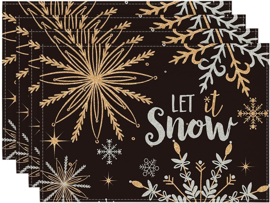 Artoid Mode Black Snowflake Let It Snow Winter Placemats Set of 4, 12x18 Inch Seasonal Christmas