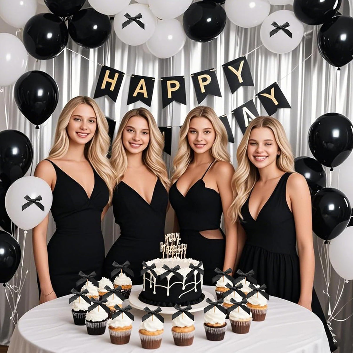 24Pcs Bow Cupcake Toppers - Black Bow Cake Topper Birthday Decorations, Bowknot Cupcake Picks for