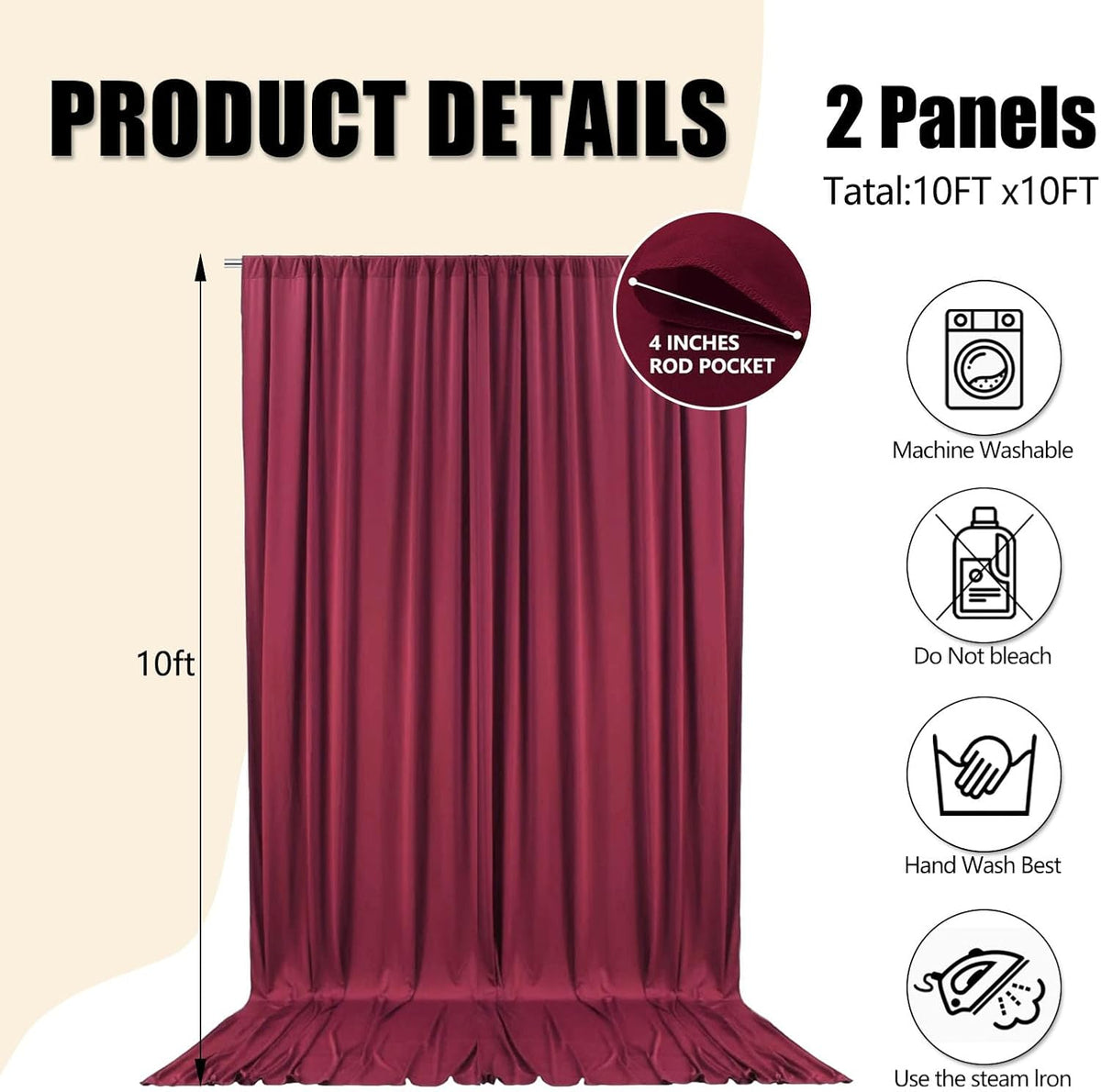 10ft x 10ft Burgundy Backdrop Curtains for Parties, Fabric Satin Background Curtain with Rod
