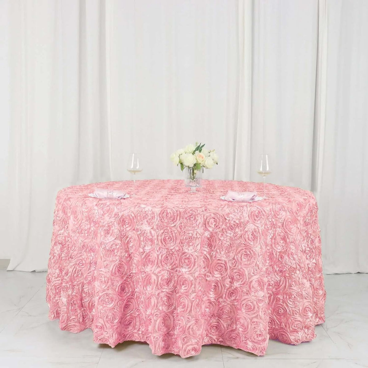 Efavormart 120" Wholesale Round Table Cover Pink Grandiose Rosette 3D Satin Tablecloth for Wedding