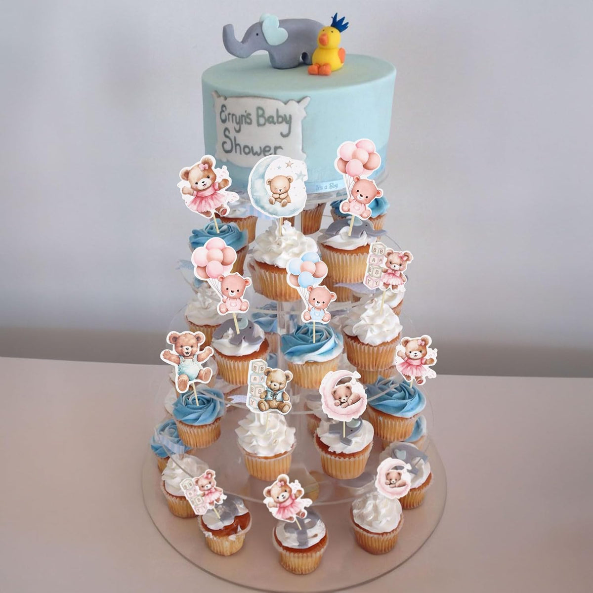 Gyufise 32Pcs Baby Shower Bear Cupcake Toppers Moon Baby Bear Baby Shower Cake Topper Decorations