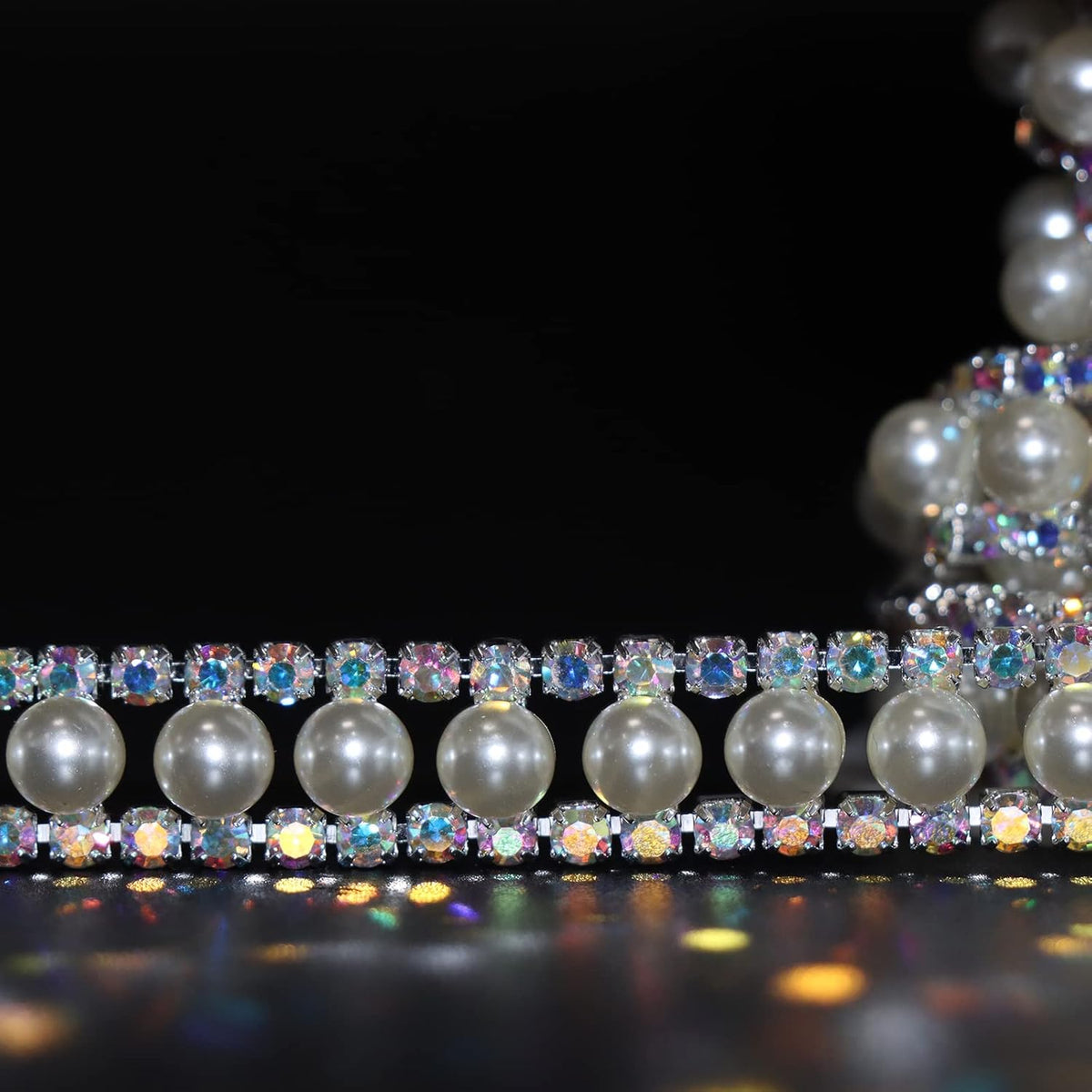 Jerler Rhinestone Trim Applique 1 Yard 2 Rows Crystal Chain Banding Diamond Inlaid White Pearl
