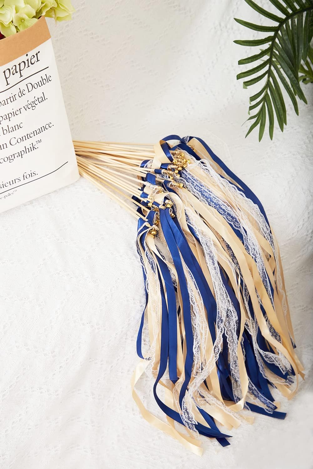 100 Pack Ribbon Wedding Wands Sticks Wedding Party Favors Streamers with Gold Bells and Lace Silk