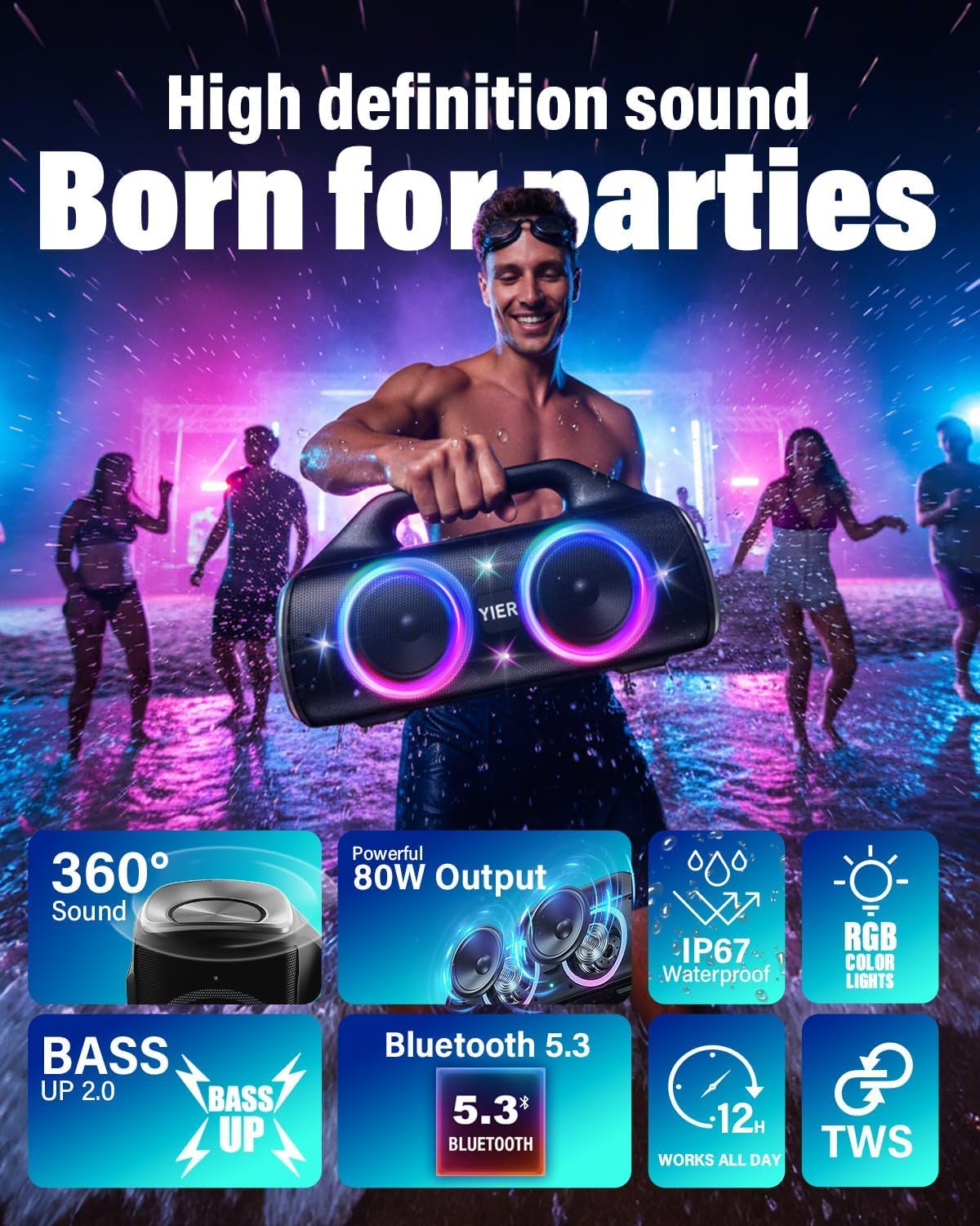 Speakers, 80w (Peak) Portable Wireless Speaker with Lights, Stereo Loud Sound, IP67 Waterproof