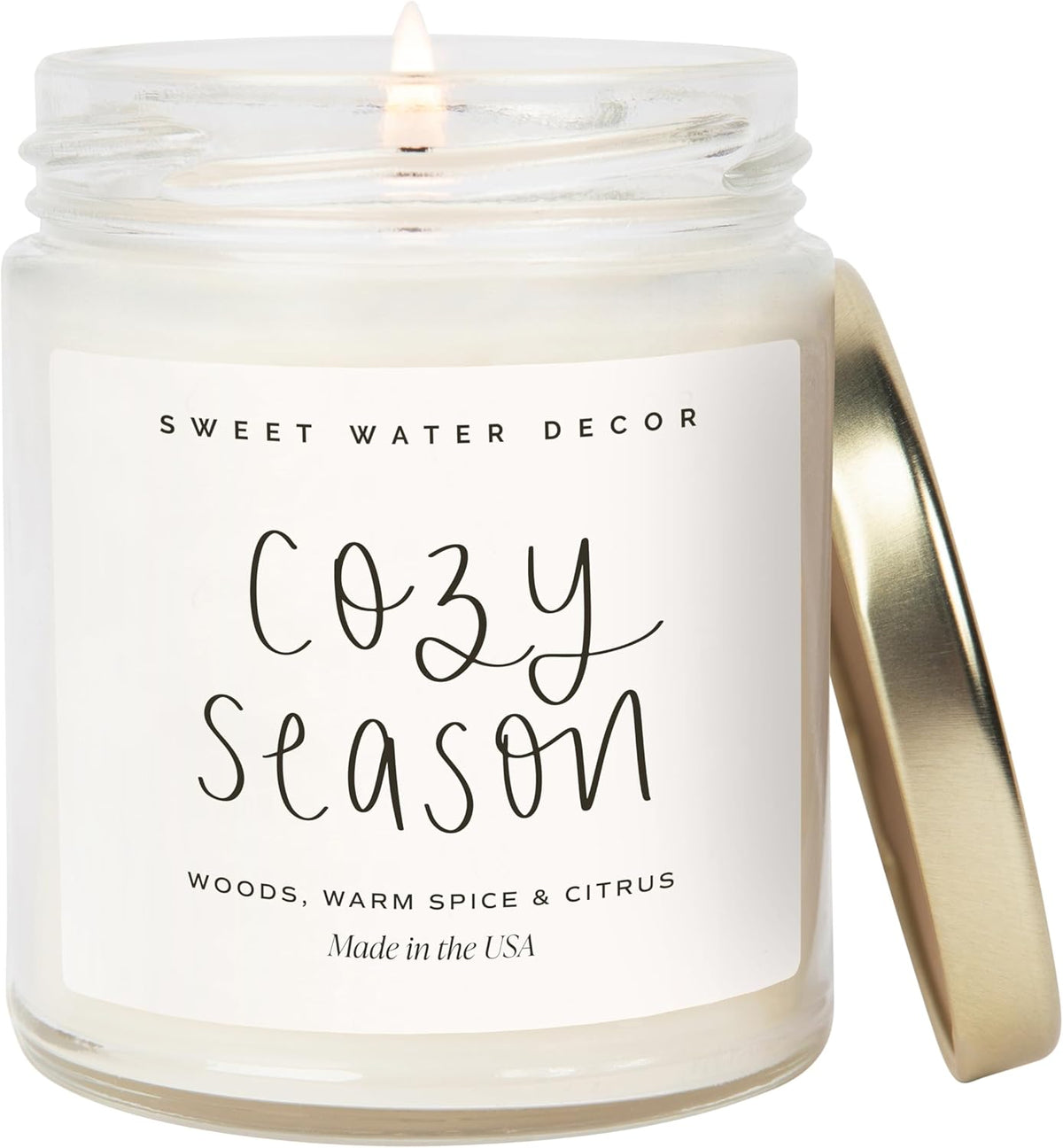 Sweet Water Decor Cozy Season Candle - Woods, Warm Spice, and Citrus Autumn Scented Soy Candles for
