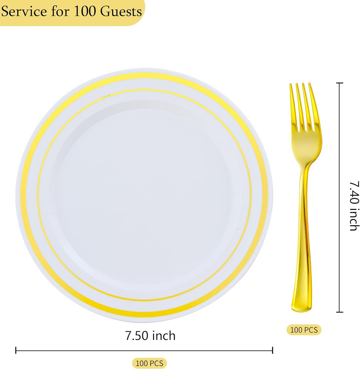 200pcs Gold Dessert Plates with Forks for 100 Guests-100pcs 7.5" Small Plastic Dessert Plates and