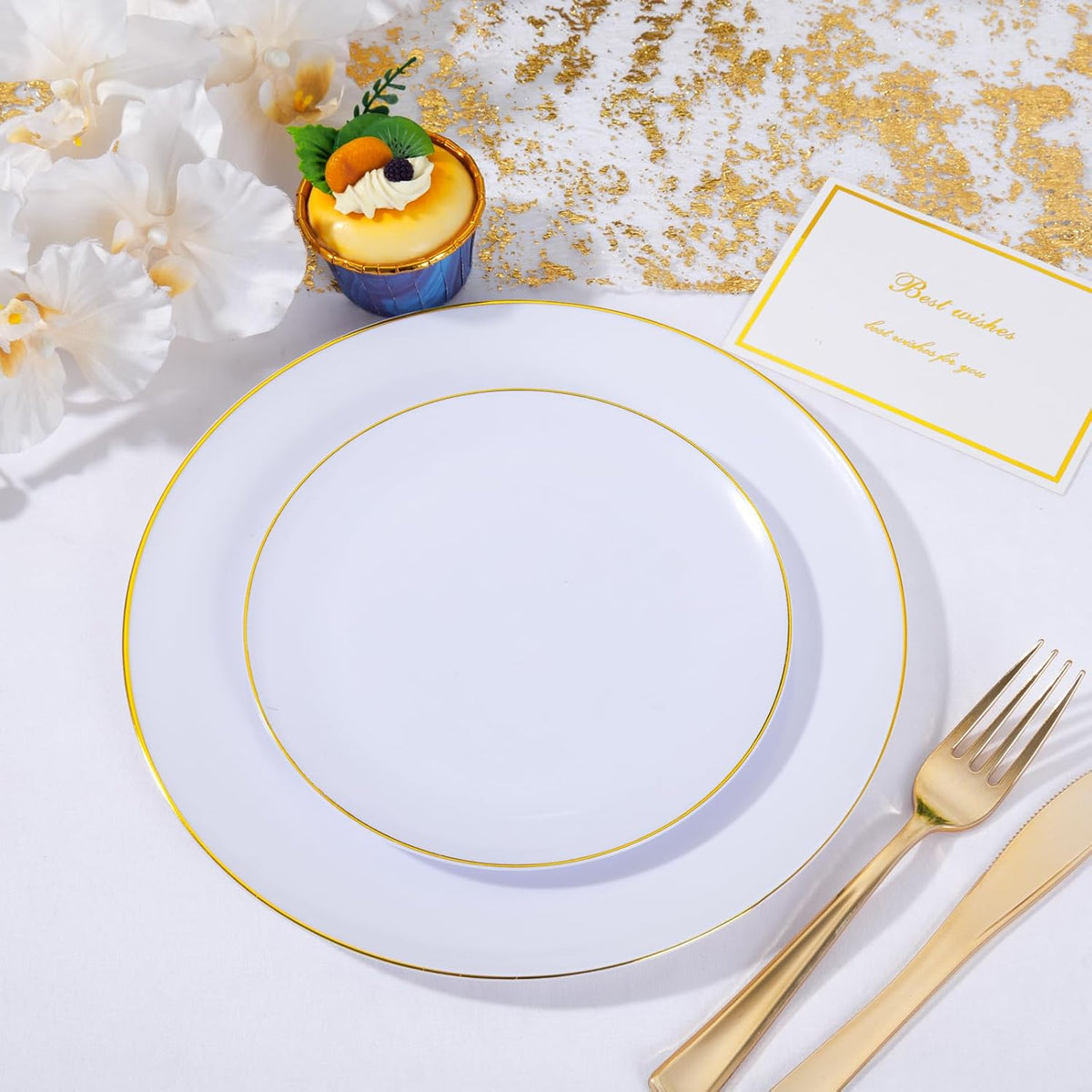 KIRE 175PCS Gold Plates Disposable - Heavy Duty White and Gold Plastic Plates Dinnerware Sets - 25
