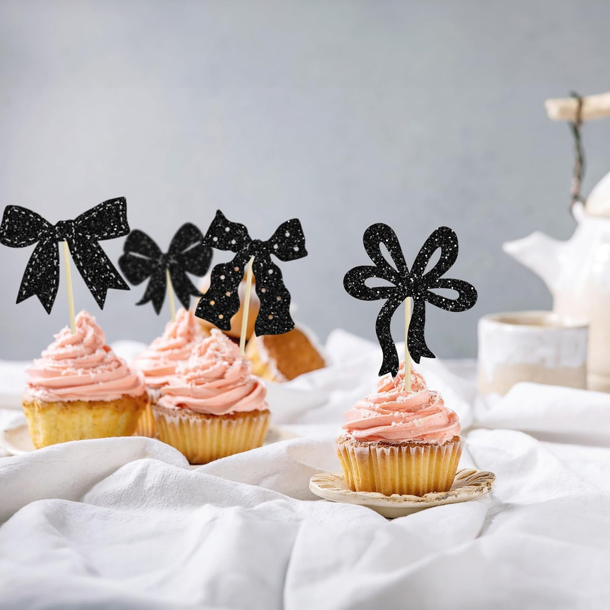 Ephlyn 24Pcs Bow Cupcake Toppers Bow Birthday Cake Topper Girls Birthday Party Decorations Bowknot