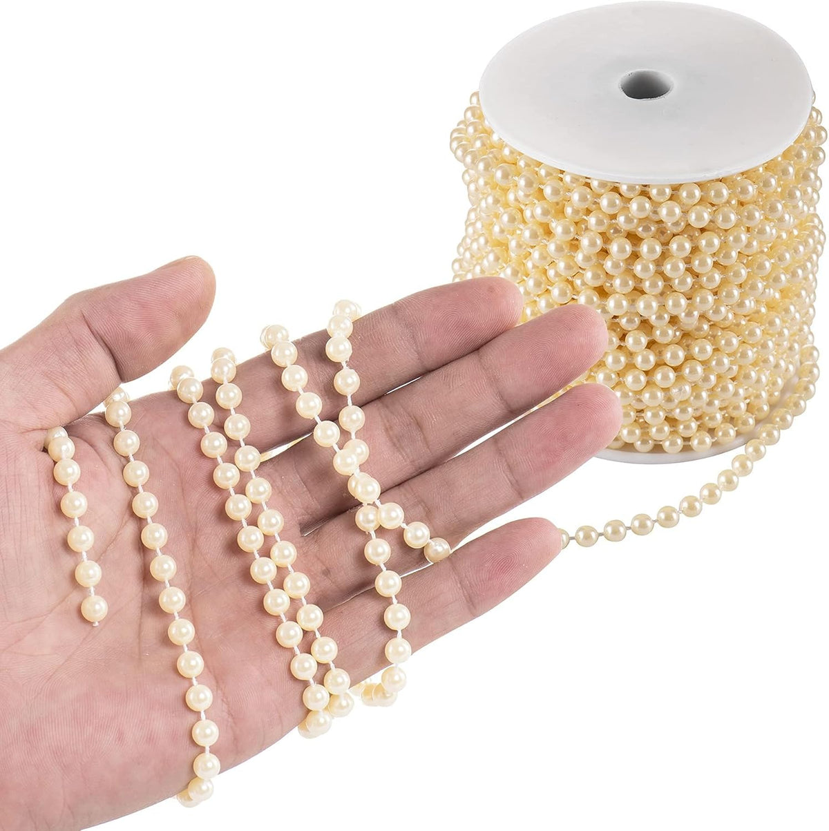Craft String Pearls 6MM Pearl Bead, 66 Feet Ivory Faux Pearl Garland Spool Roll Strand Wedding