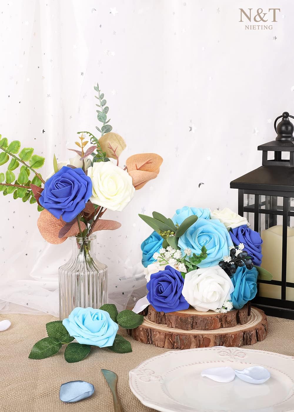 N&T NIETING Blue Roses Artificial Flowers, 25pcs Fake Flowers Rose Perfect for DIY Wedding