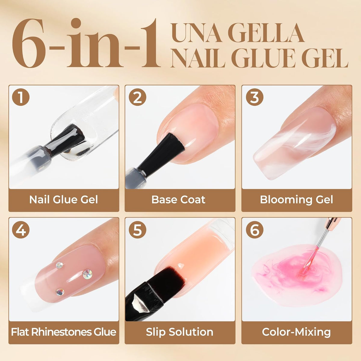 UNA GELLA 6 in 1 Gel Nail Glue for Acrylic Nails Tips 2 Pcs 10ml Super Strong Nail Glue Long