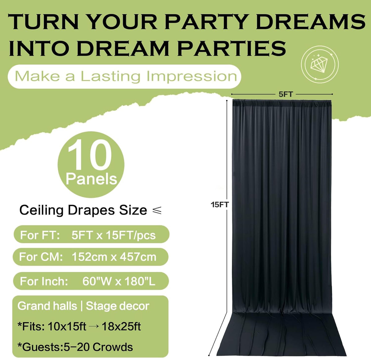PartyVillage 50ft×15ft Black Backdrop Curtain for Halloween Parties, 10 Panels Wrinkle Free 15 FT