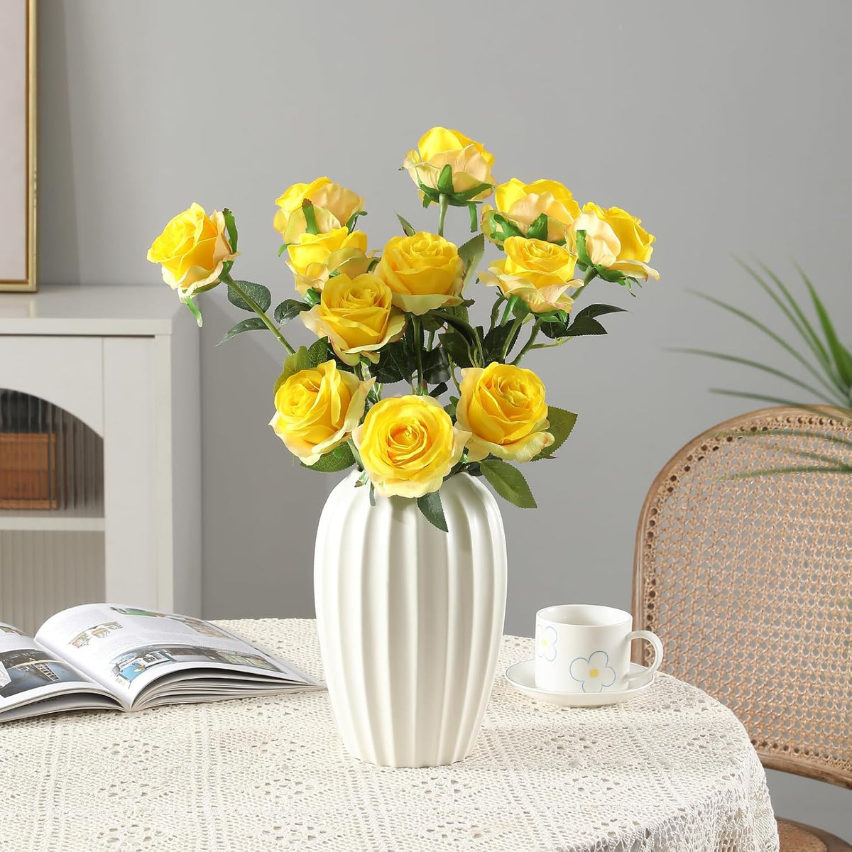 Tifuly Yellow Roses Artificial Flowers -12 pcs Realistic Single Long Stem Fake Silk Roses Bouquet