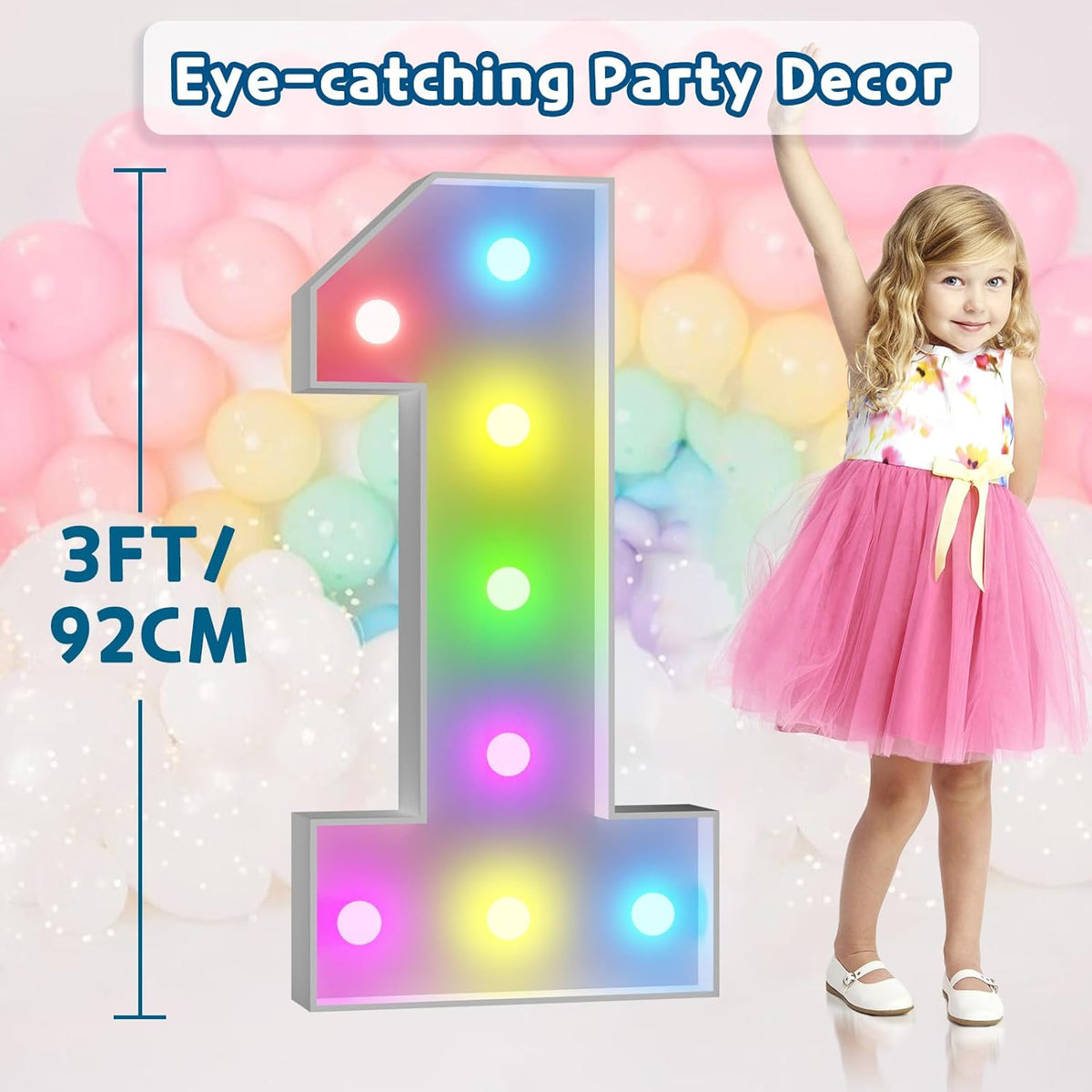 imprsv 3FT Colorful Marquee Numbers,18 Colors Number 1 with Remote, Light Up Numbers Sign for 1st