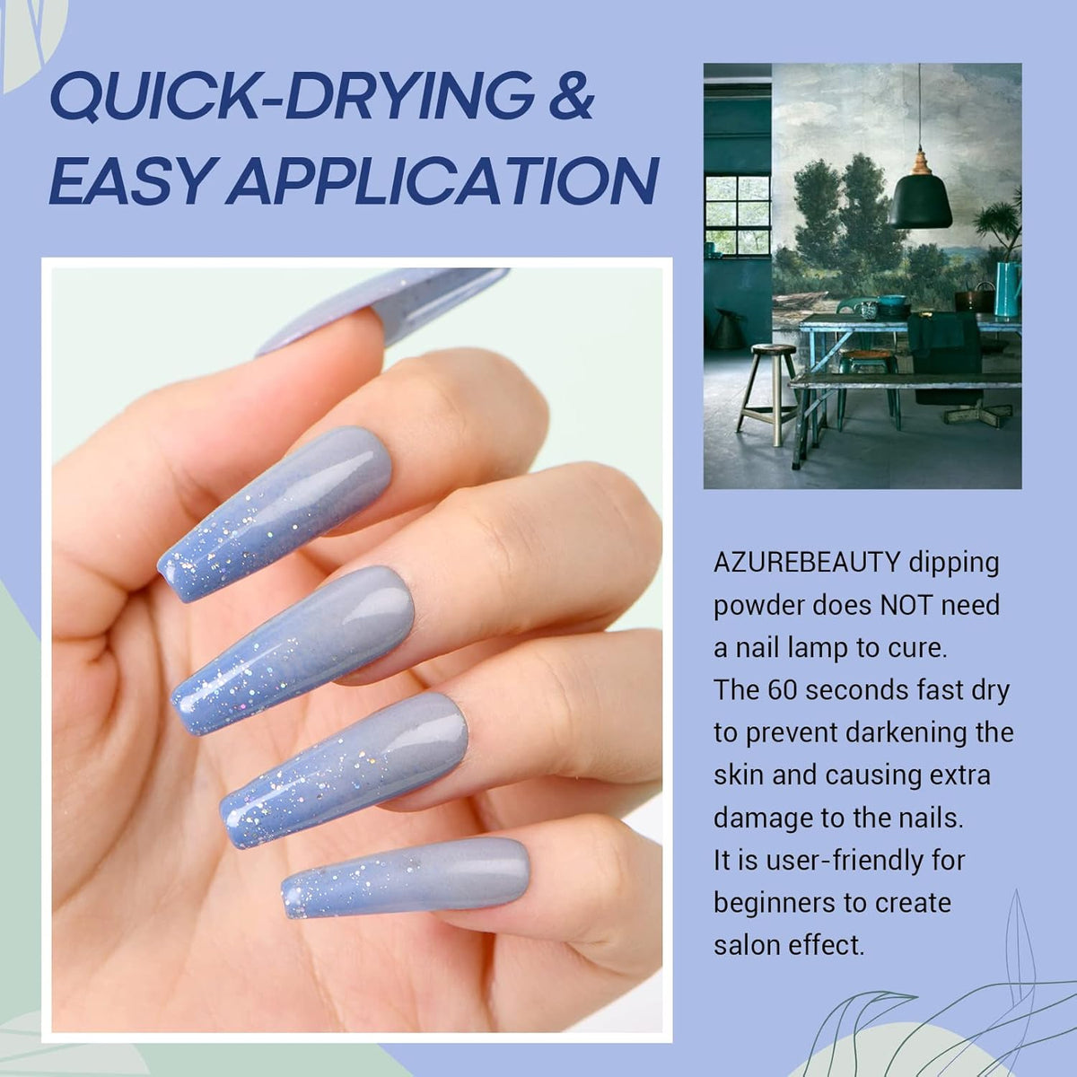 AZUREBEAUTY Dip Powder Nail Set Blue Sage Green Grey Shades, 6 Dark Colors Dipping Powder Starter