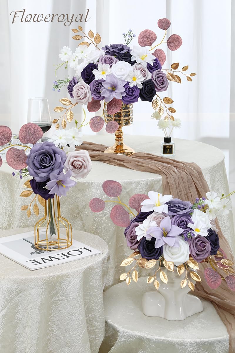 Floweroyal Artificial Flowers Combo Purple Flowers Mix Silk Flowers Fake Roses with Stems for DIY