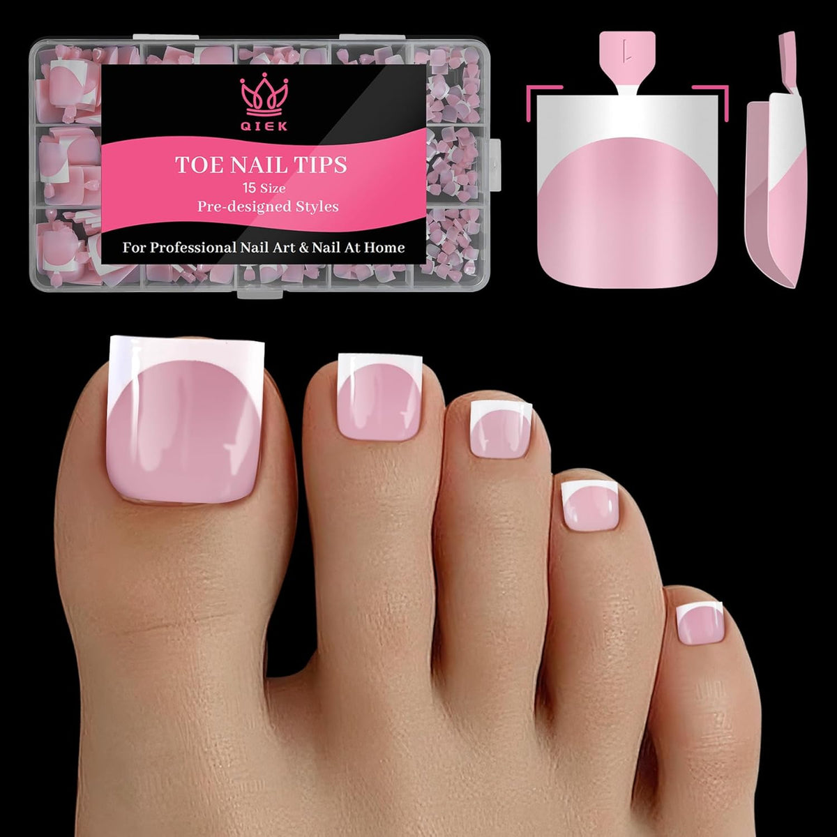 Press On Toenails for Women French Tips, Sharp Square Pre-applied Primer & Base Coat Toe Nail Press