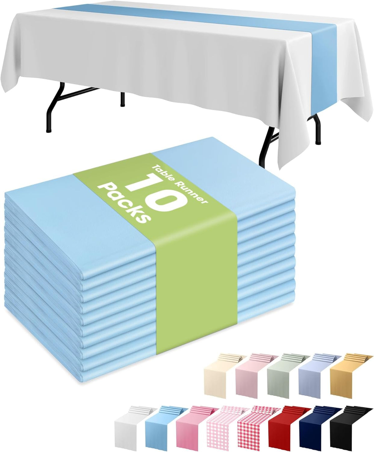 Pureegg Light Blue Plastic Table Runners - 10 Pack, 14'' x 108'', Water Resistant & Disposable