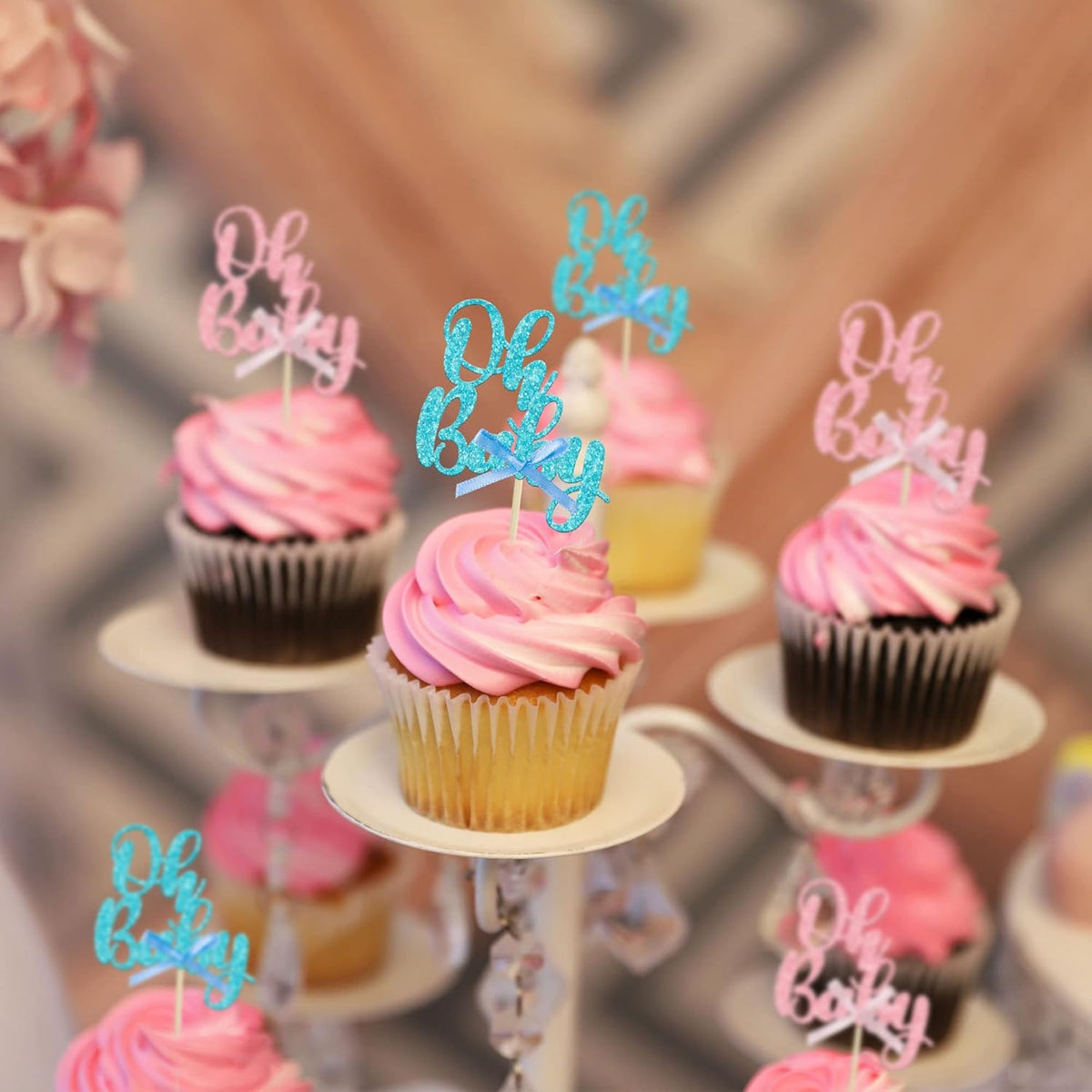Gyufise 36Pcs Oh Baby Cupcake Toppers Pink Blue Bow Glitter Baby Shower Gender Reveal Cupcake Picks
