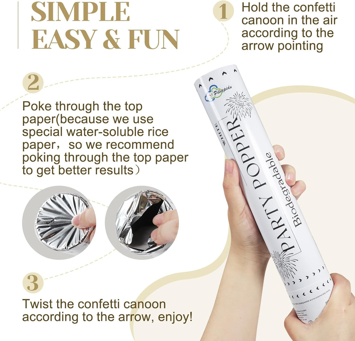 White Confetti Poppers,Rice Paper For Wedding,Biodegradable Cannon,6Pack Biodegradable Confetti