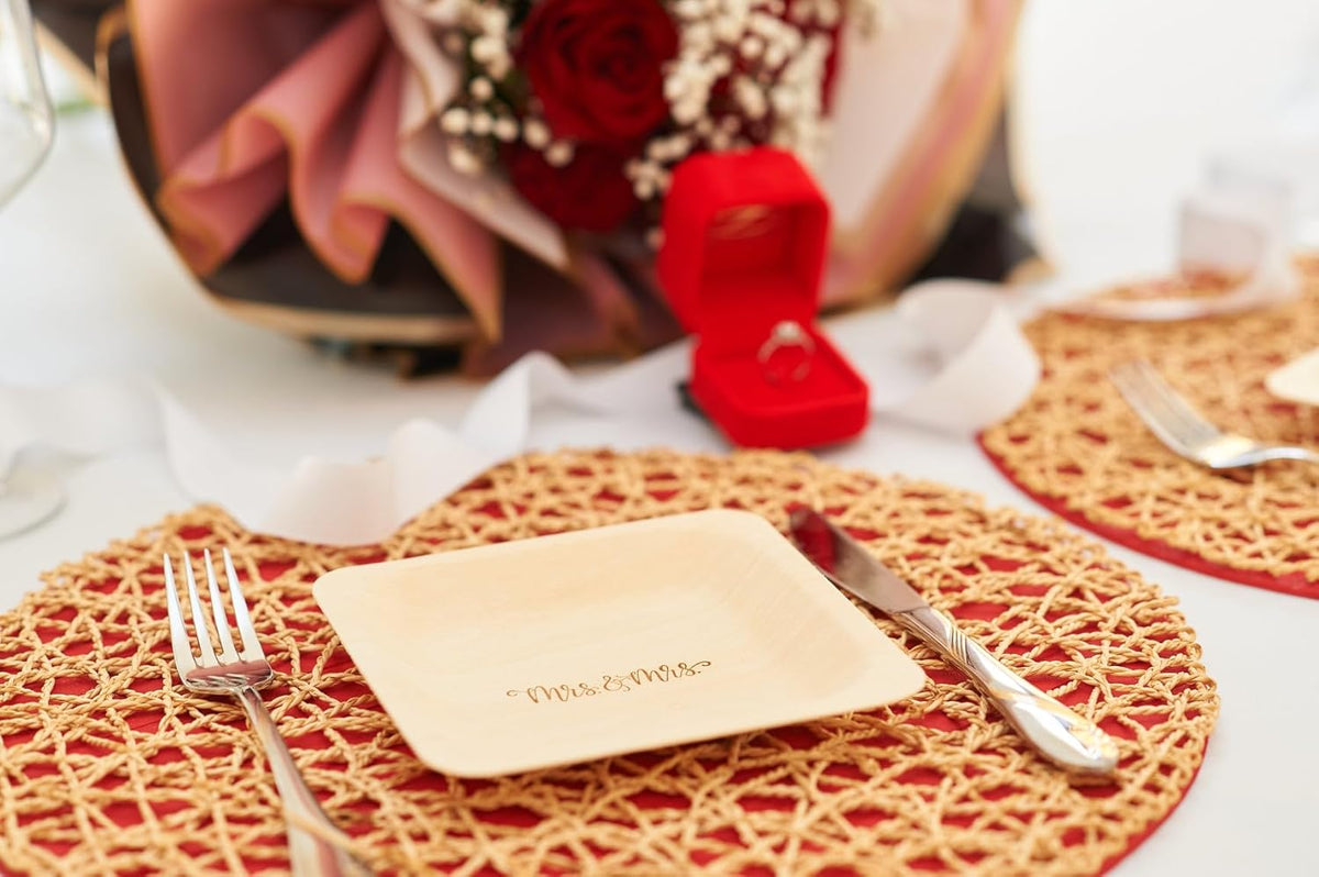 Mrs. and Mrs. Disposable Wedding Plates – Rustic, Compostable Alternative to Plastic Plates for