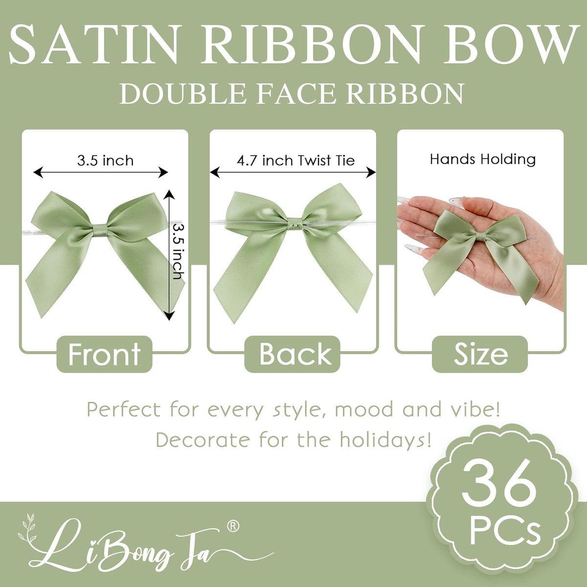 3.5" Sage Green Bow Satin Pre-Tied Bows for Gift Wrapping, Small Bows for Crafts, Premade Bows