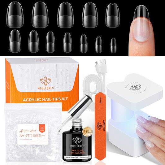 modelones Medium Oval Gel Nail Tips Kit, 9-in-One Nail Glue with Portable U V Lamp 216Pcs 12Sizes