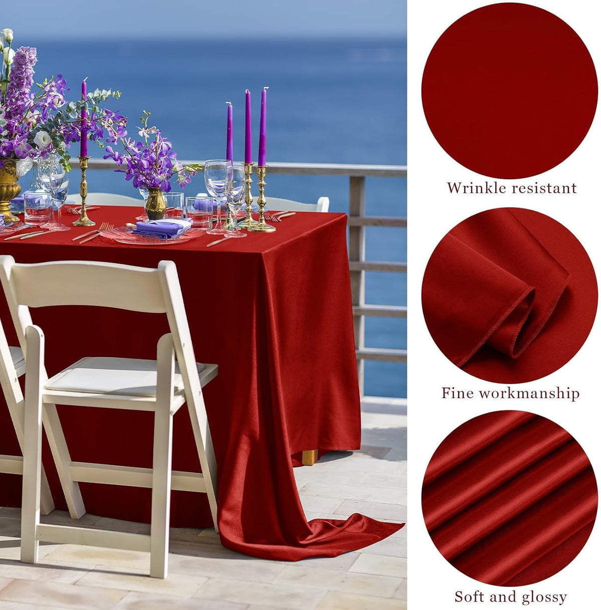 TURSTIN 1 Pack Burgundy Satin Tablecloth 102 x 58 Inch Overlay Satin Table Cover Rectangle Bright