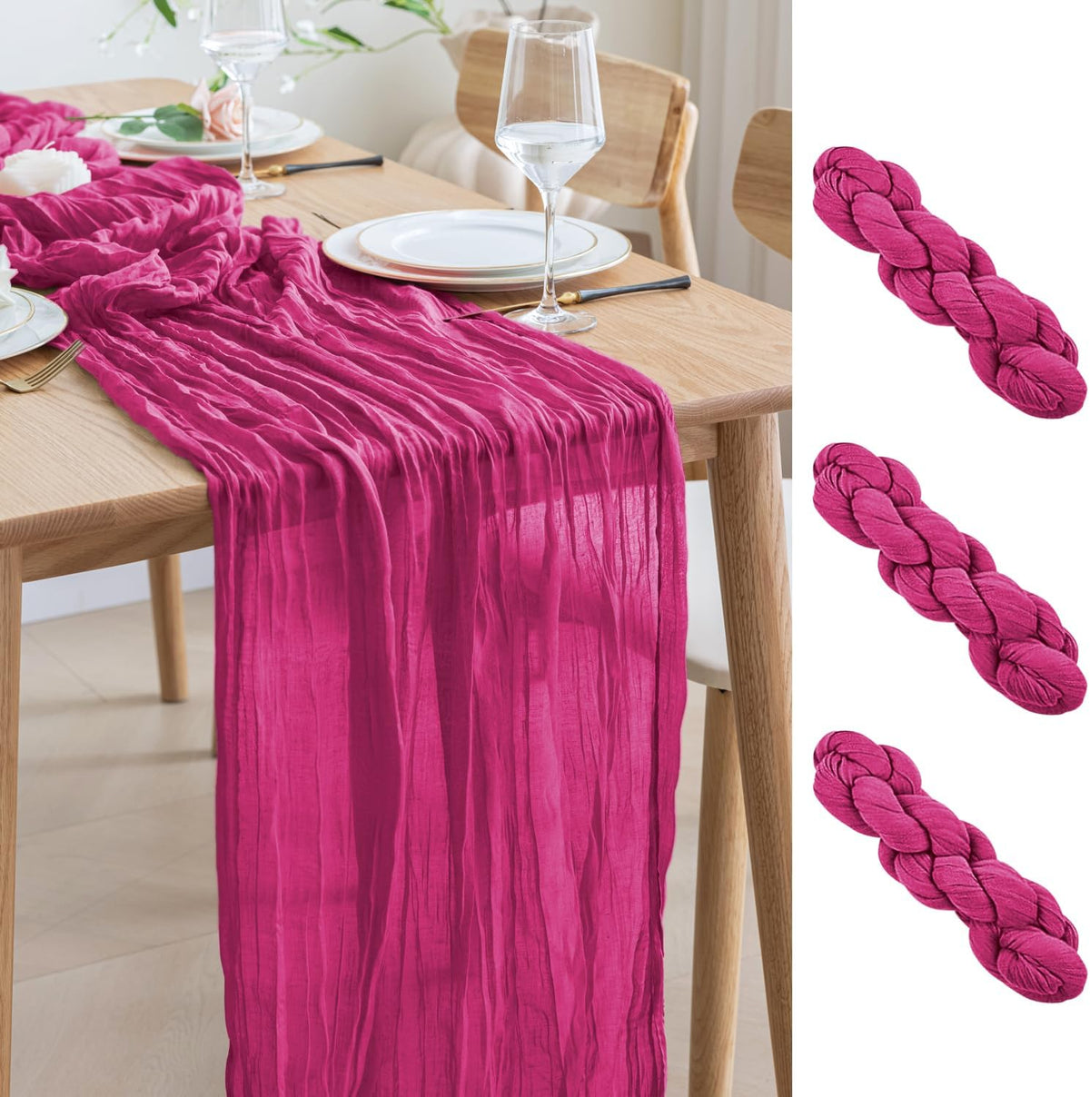 Asee'm 3pcs Cheesecloth Table Runner 120 Inches Long Fuchsia Boho Gauze Cheese Cloth Runner 10FT