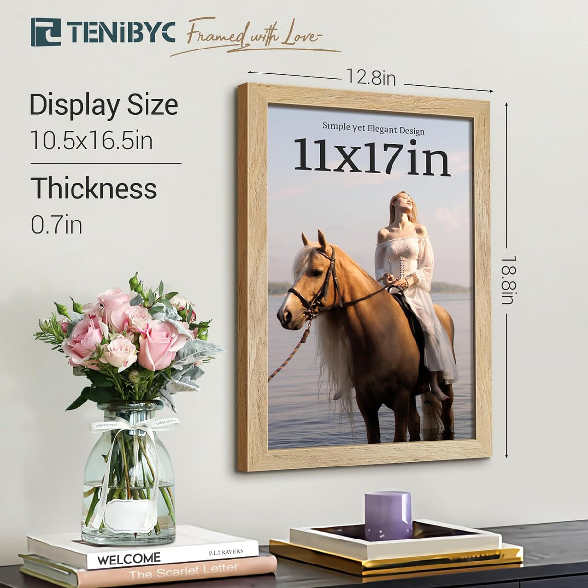 11x17 Picture Frame 4 Pack, Natural Solid Wood Poster Frame with HD Tempered Glass, Elegant Wood