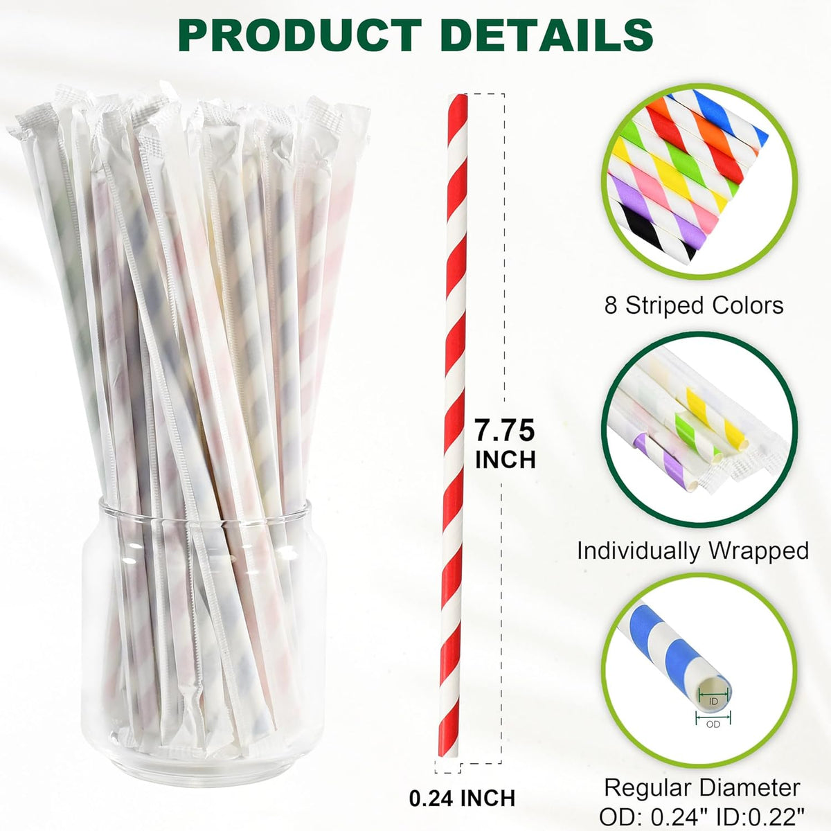 Individually Wrapped Disposable Paper Drinking Straws 7.75'' x 0.24'' - Colorful Stripes [400