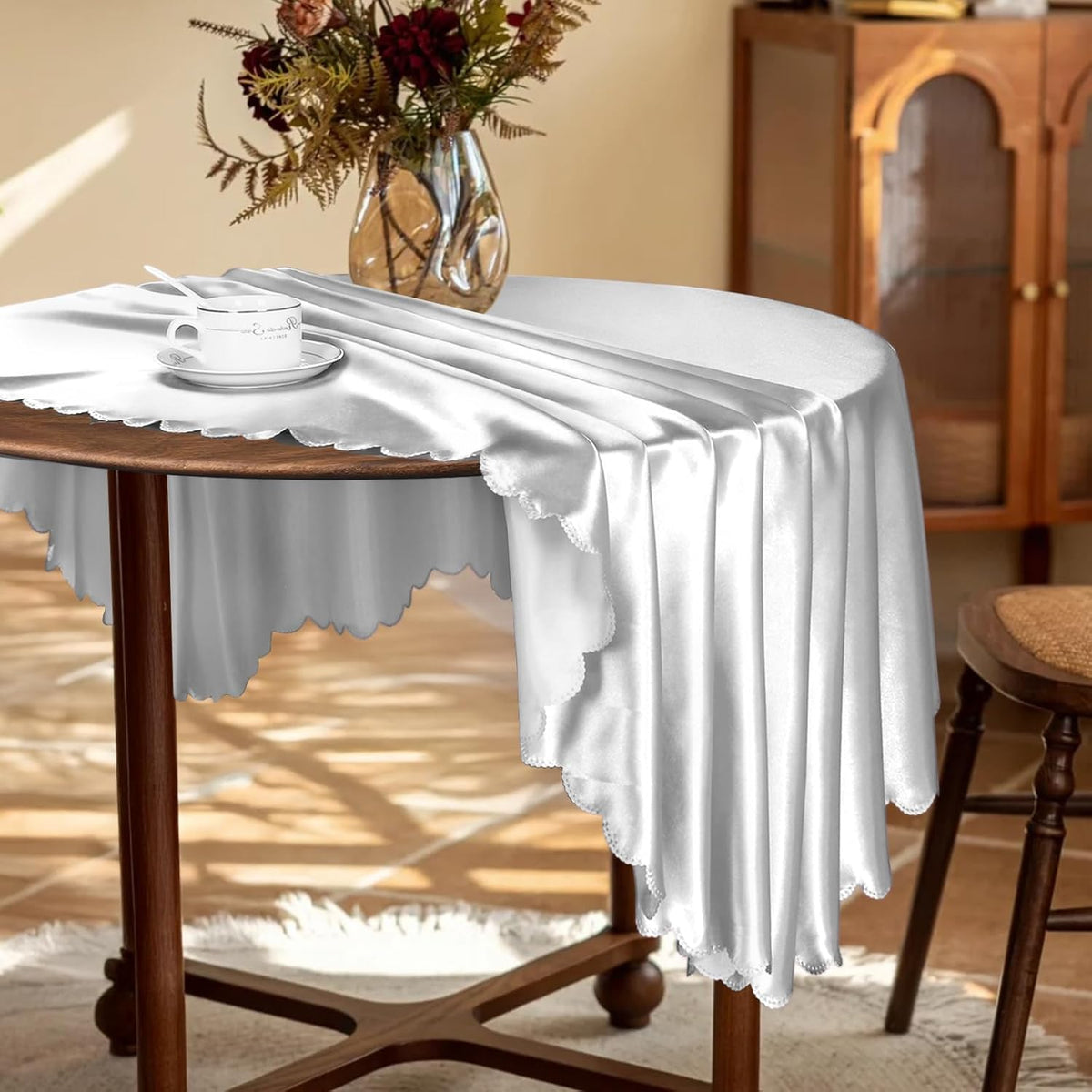KKJIAF 1 Pack 60 Inch / 5ft Round Table Cloth, Silver Overlay Round Satin Table Cover, Silky Satin