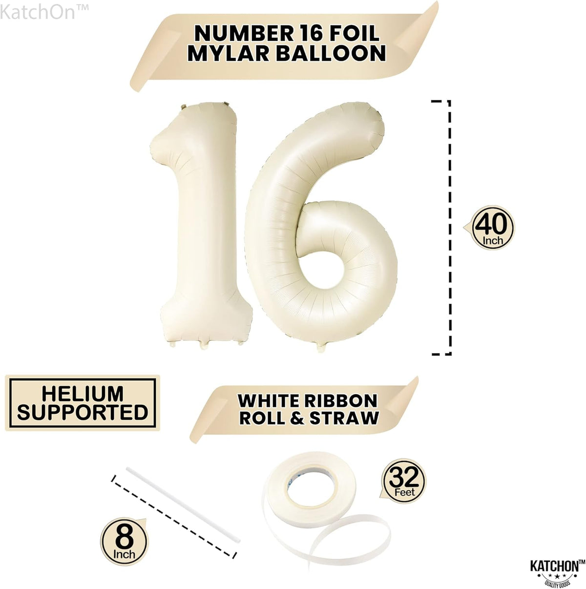 KatchOn, Cream 16 Balloon Numbers - Large, 40 Inch | 16 Birthday Balloons for Sweet 16 Party
