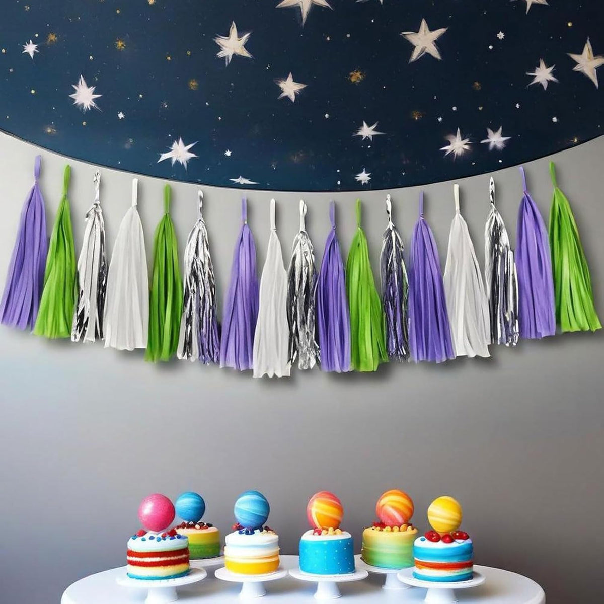 Tissue Paper Tassel Garland Banner, Purple Green Silver White, 20 PCS, Party Decorations for
