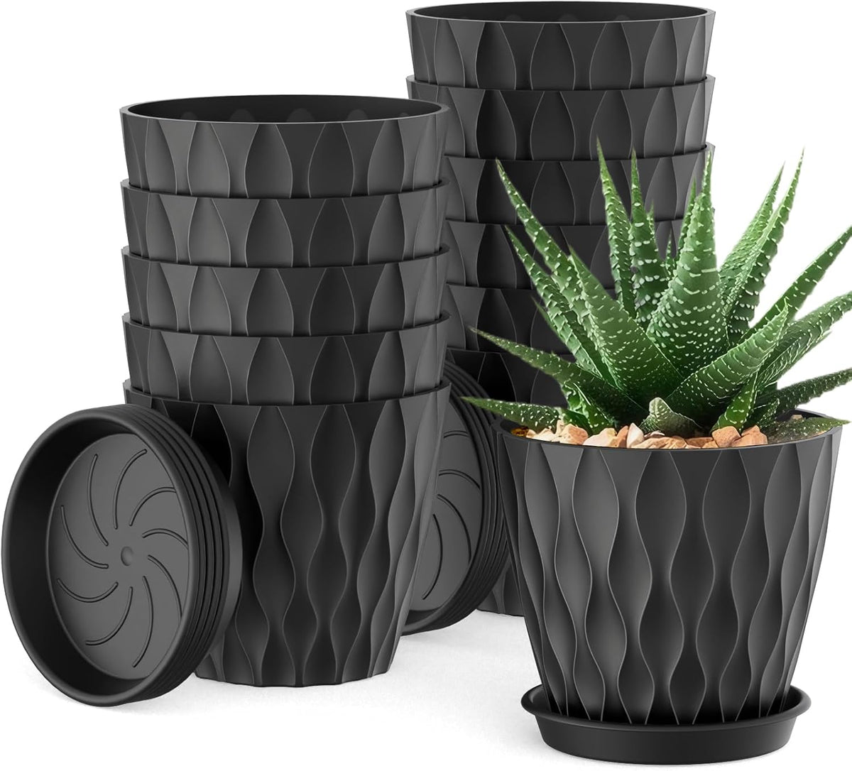 12 Pack 4 Inch Small Plant Pots with Saucers, Waffle Texture Plastic Planters with Drainage Holes