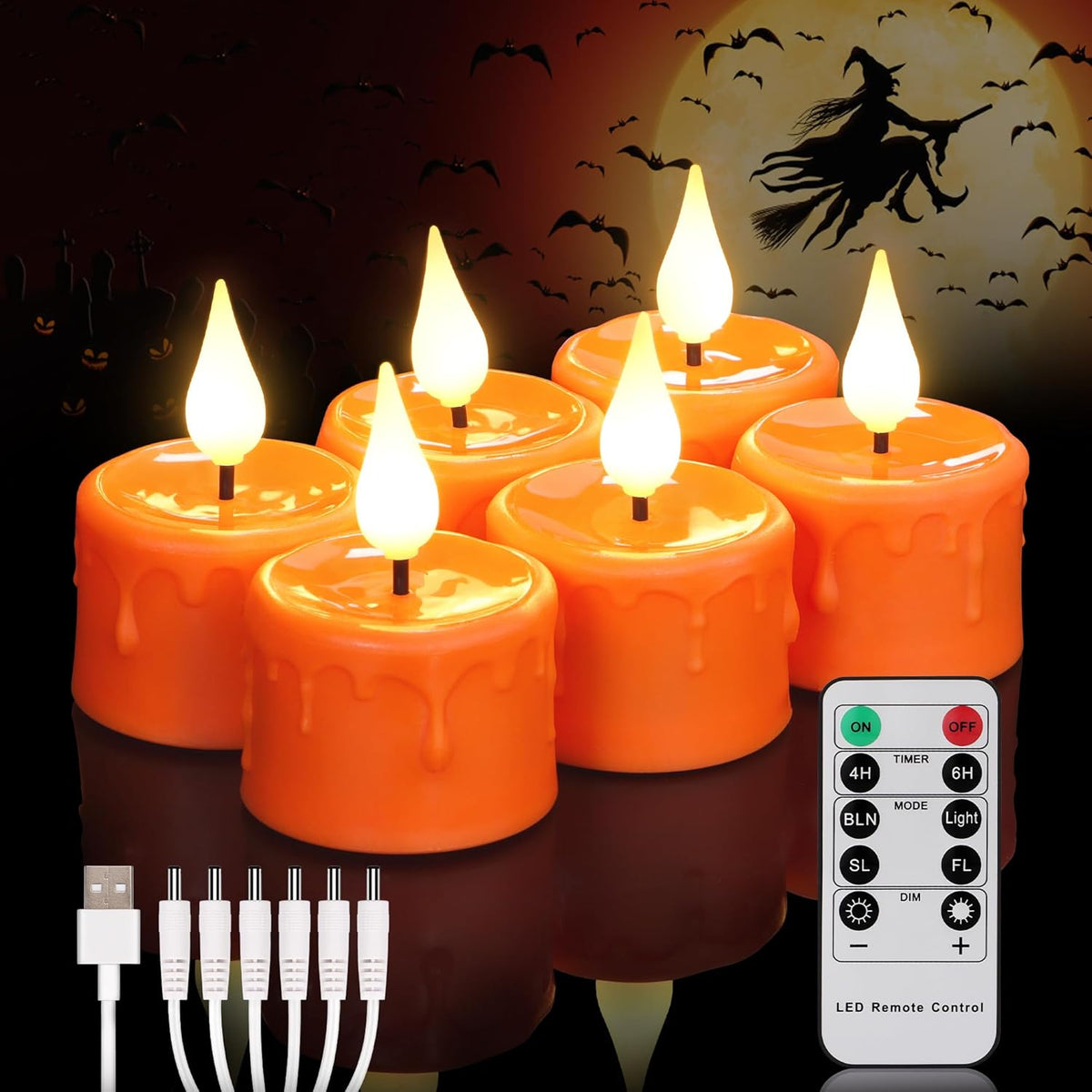 FREEPOWER Orange Halloween Candles,Rechargeable Flameless Candles with Remote Timer, Soft 3D Wick