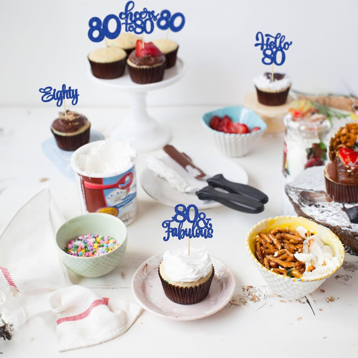 30Pcs Happy 80th Birthday Cupcake Toppers Eighty Cheers to 80 Years Old Birthday Cupcake Picks for