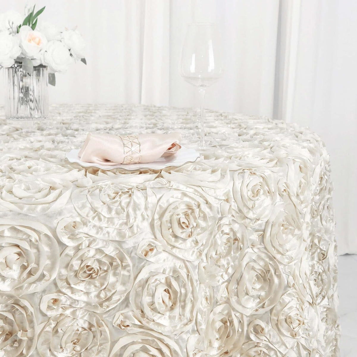 Efavormart 120" Wholesale Round Table Cover Ivory Grandiose Rosette 3D Satin Tablecloth for Wedding