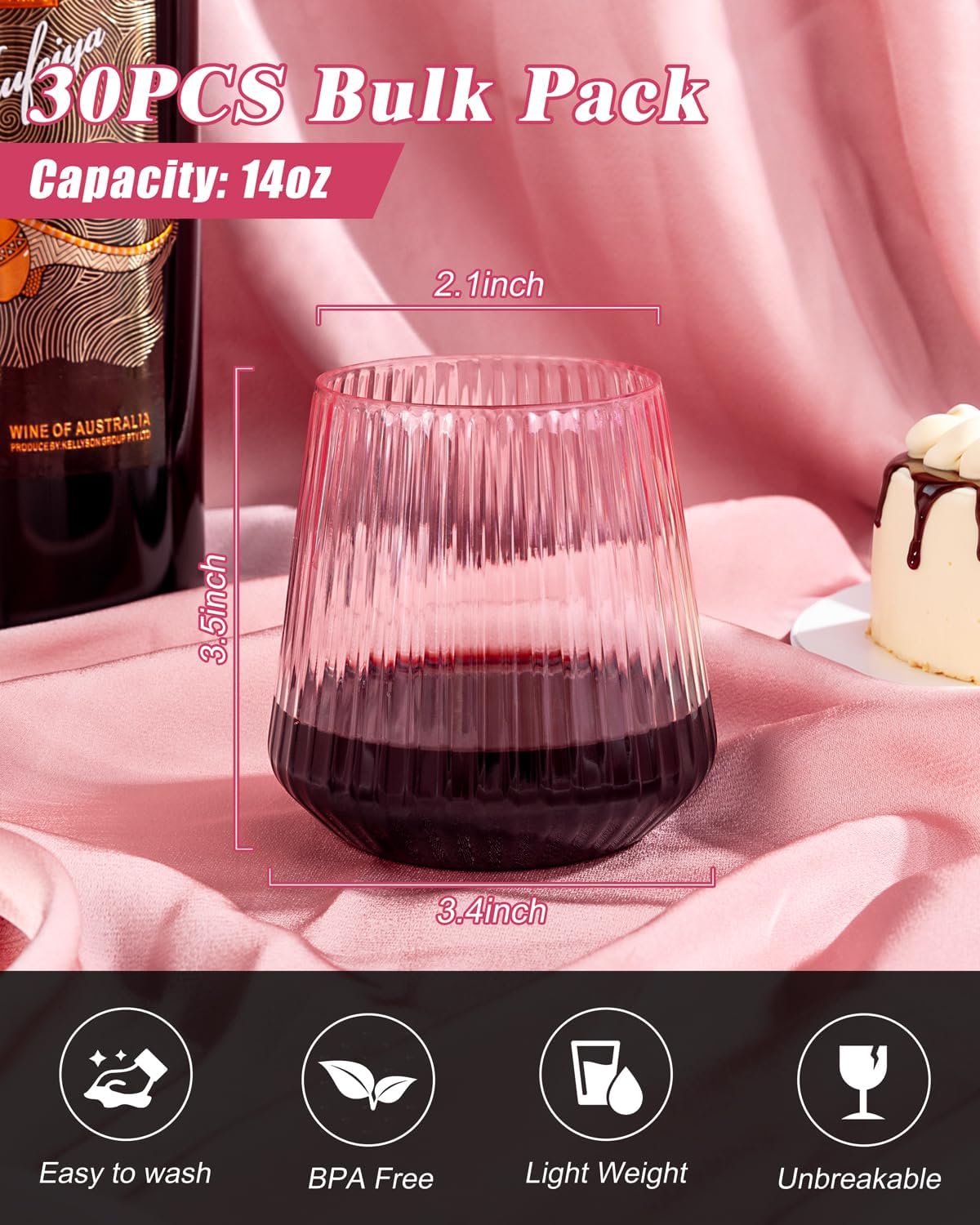 30 Pack Pink Plastic Ribbed Wine Glasses, 14 OZ Origami Stemless Disposable Wine Champagne Whiskey