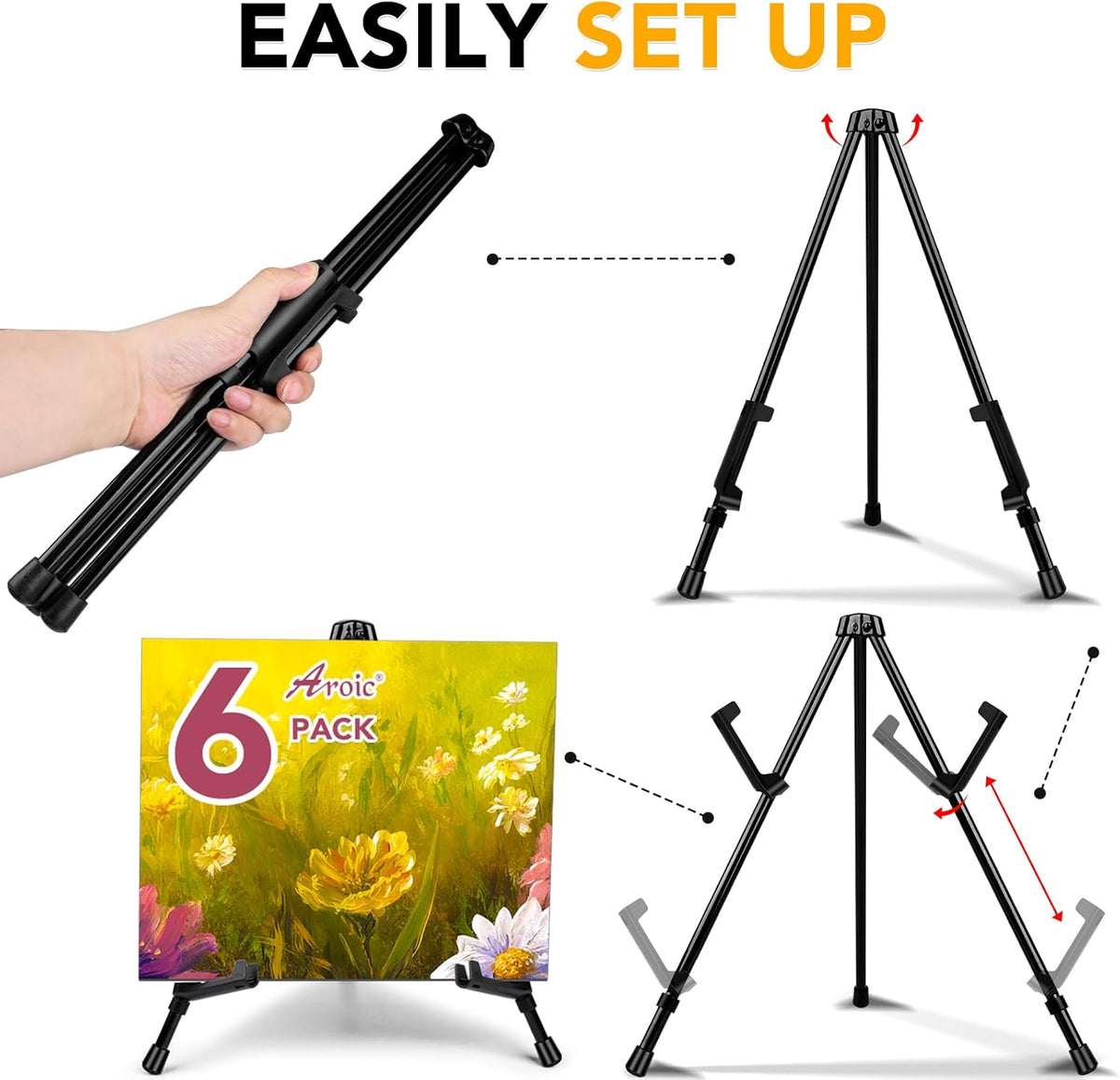 AROIC 6 pack 14'' Tabletop Easels, Black Steel Table Top Easels for Display, Adjustable Portable