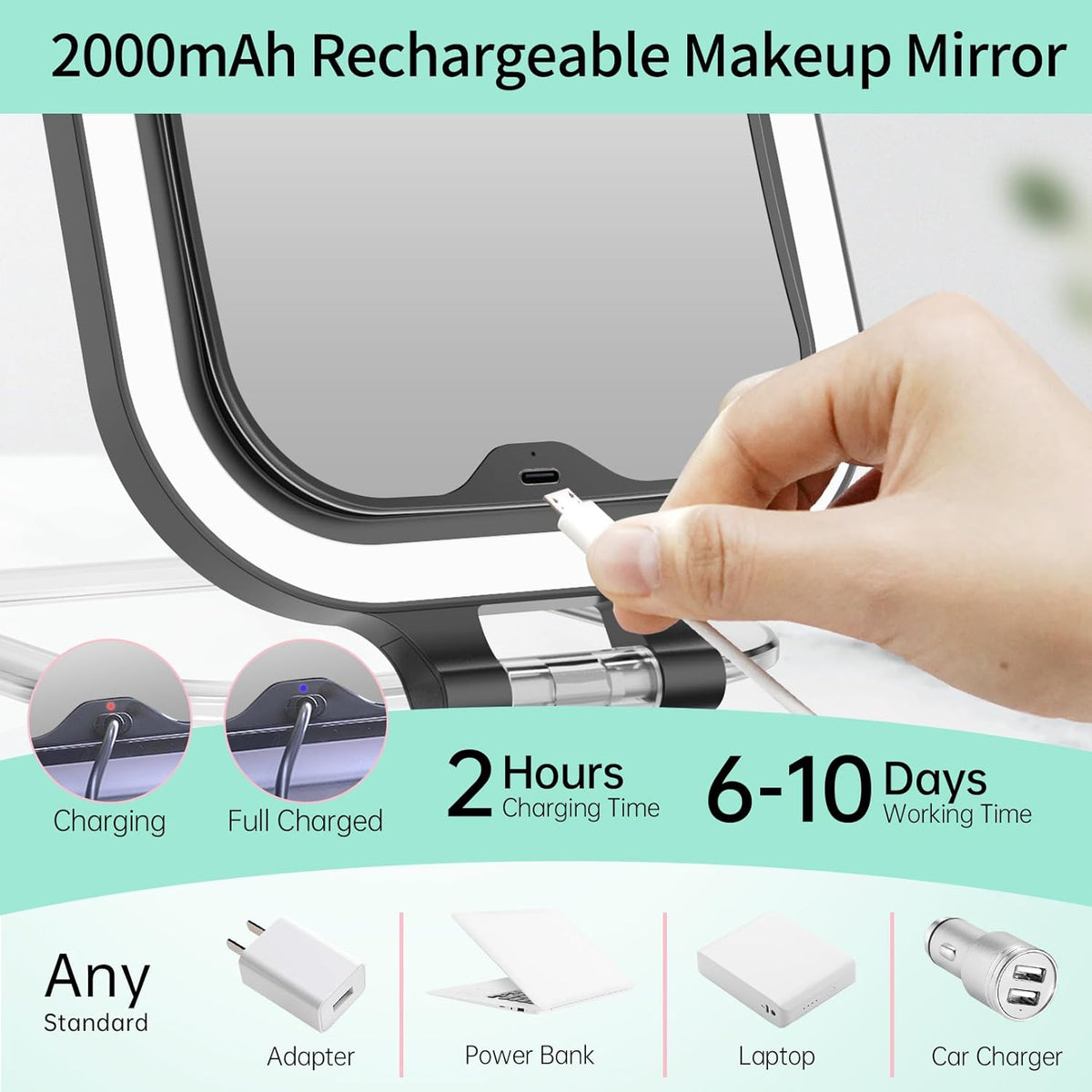 FASCINATE 10X Magnification Rechargeable Travel Makeup Mirror, 7" Lighted Portable Vanity Mirror