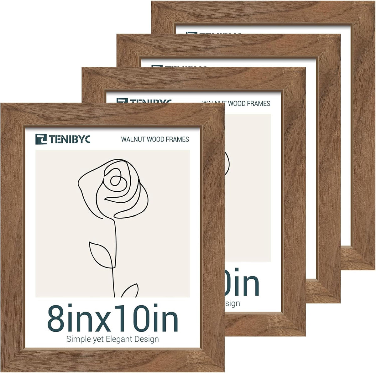 8x10 Picture Frame Set of 4, Brown Wood Grain, HD Tempered Glass, Natural Walnut Photo Frame, Table