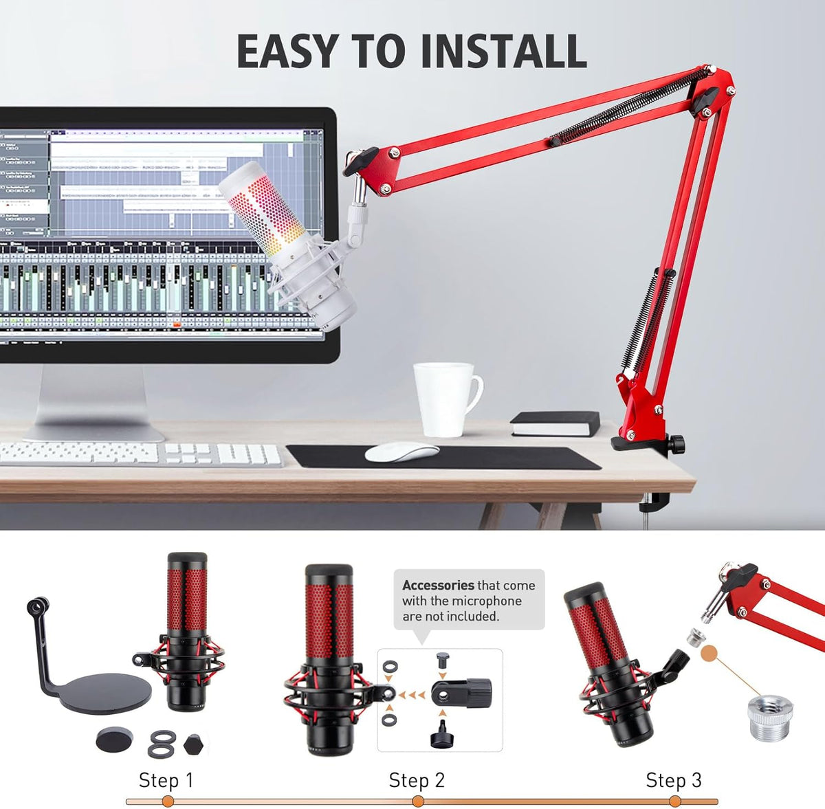 SUNMON HyperX QuadCast Boom Arm - Upgraded Red Boom Arm with Windscreen, Sound Insulation and Noise