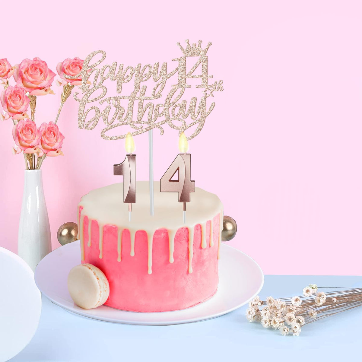 14th Birthday Decorations for Girls Including Birthday Sash and Tiara, Candles and Cake Topper, 14